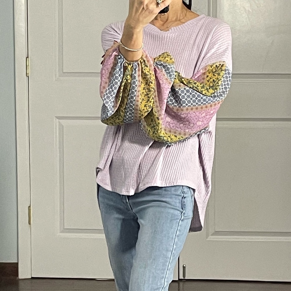 Blue - Pepper Lavender Thermal with Contrasting Ballon Sleeves Top size M - Picture 4 of 8